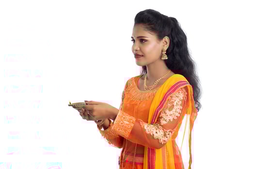 Portrait of a Indian Traditional Girl holding Diya, Girl Celebrating Diwali or Deepavali with holding oil lamp during festival of light on white background photo