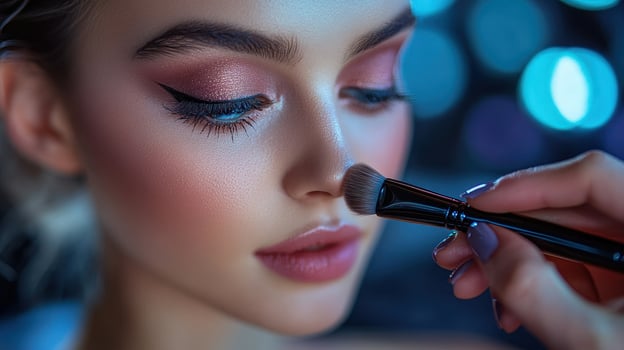 Makeup artist applying blush to model's cheeks. Beauty, cosmetics, and professional makeup application concept. photo