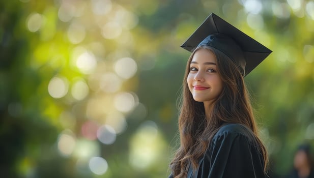 Happy Graduating Student in Cap and Gown Celebrating Achievement photo
