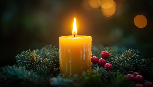 Burning Candle with Christmas Wreath, Festive Holiday Decoration photo