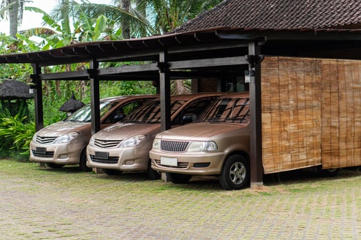 Three Parked Cars in a Tropical Setting photo