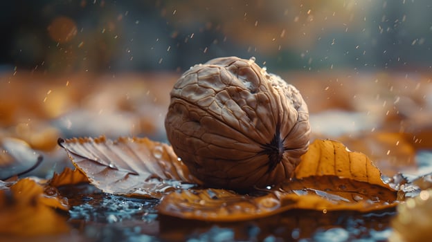 A fallen walnut nestled in an autumn leaf during rainy weather, capturing the essence of nature's bounty and the beauty of the fall season. photo