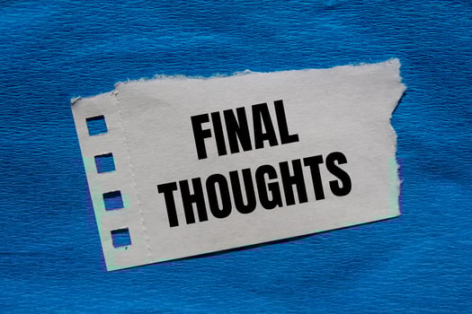 Final thoughts message written on ripped torn paper piece with blue background. Conceptual final thoughts symbol. Copy space. photo