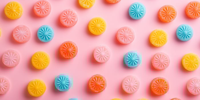 Wheel-shaped candy pieces arranged in overlapping rows on surface photo