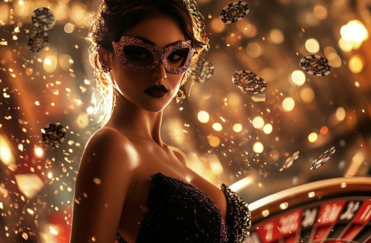 A glamorous woman in a sparkling dress poses confidently at a casino during a lively night photo