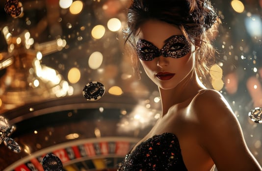 A glamorous woman in a sparkling dress poses confidently at a casino during a lively night photo