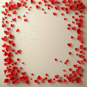 Decorative red hearts arranged on a soft beige background for Valentines Day celebrations photo