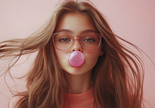 A young woman with long hair styled in waves enjoys blowing a bubble with pink gum photo