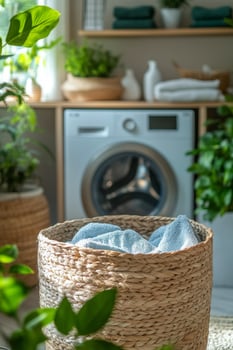 Bright laundry room with plants and a woven basket holding fresh towels during the day photo