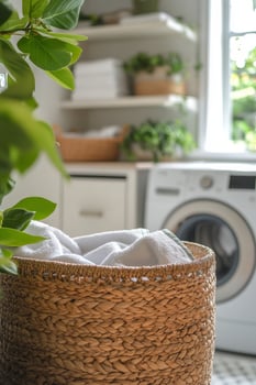 Bright laundry room with plants and a woven basket holding fresh towels during the day photo