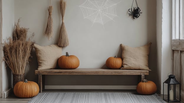 Cozy autumn corner with pumpkins, spider decorations, and warm sunlight in a rustic home setting photo