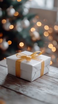 A gift with a golden ribbon sits under a decorated Christmas tree this holiday season photo