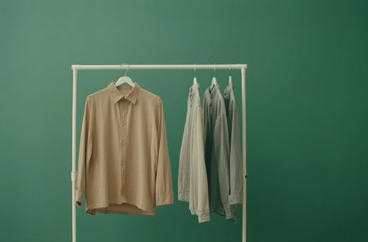 Display of various casual shirts on hangers against a green backdrop in a modern setting photo