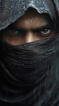 Close up of a mysterious figure with intense eyes wearing a dark cloth in a rainy environment photo