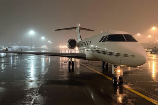 Luxury jet parked at an illuminated airport during a foggy night with wet runway conditions photo