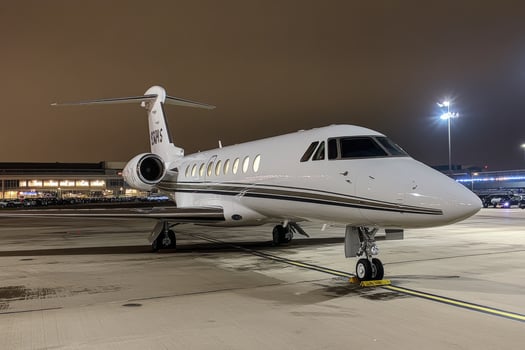 Luxury jet parked at an illuminated airport during a foggy night with wet runway conditions photo