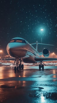 Private jet parked at a lit airport during a rainy night with neon reflections on the runway photo
