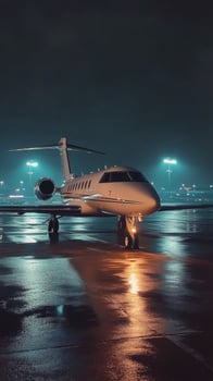 Private jet parked at a lit airport during a rainy night with neon reflections on the runway photo