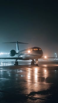 Private jet parked at a lit airport during a rainy night with neon reflections on the runway photo