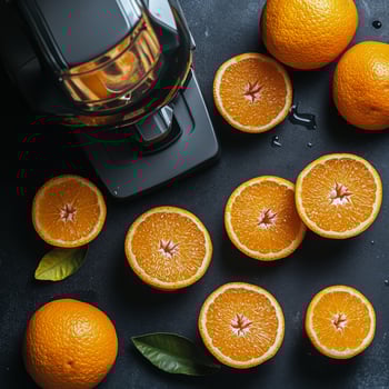Freshly squeezed orange juice preparation with whole oranges and green leaves at kitchen counter photo