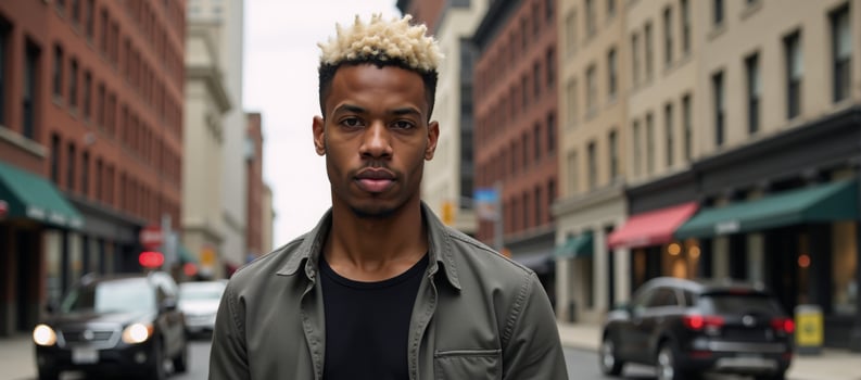 Young black man sporting blond hair in a city setting photo