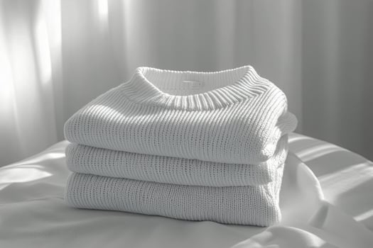 Soft cream sweater neatly folded on a wooden table near a sunlit window with flower branches photo