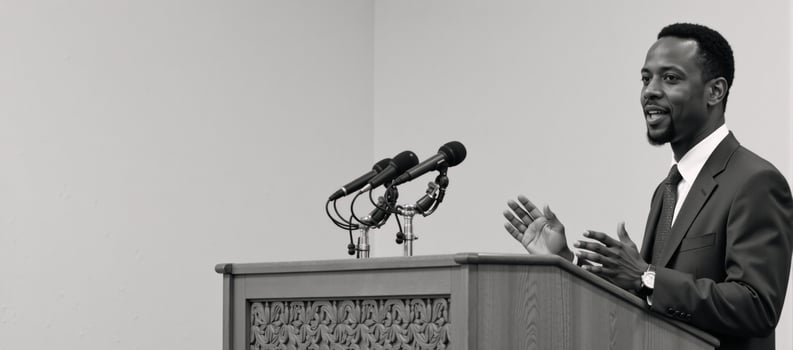 AfricanAmerican man giving an impactful speech on podium with microphone photo