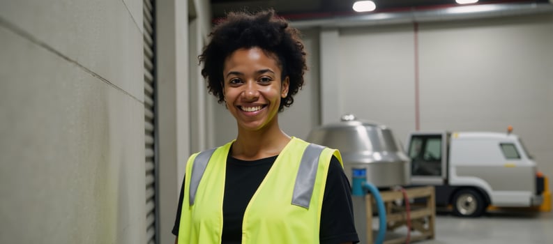 Portrait of a beaming AfricanAmerican woman in a reflective vest amidst a gritty warehouse setting photo