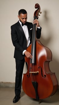 AfricanAmerican musician in suit plays double bass against worn brick wall photo