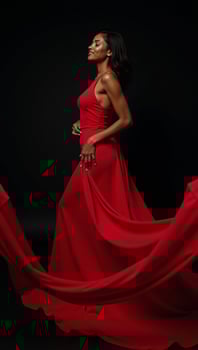 A striking African American woman wears an eyecatching flowing red gown against a black backdrop photo