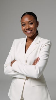 Confident AfricanAmerican businesswoman white suit warm smile ideal for corporate portraits photo