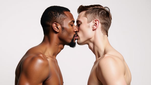 Illustrative art depicts two diverse men kissing in minimalist side profile photo