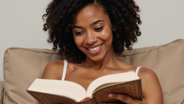Portrait depicting a stylish African American woman reading a book photo