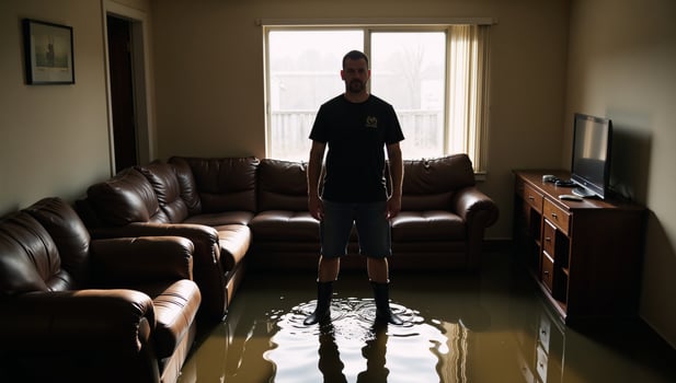 Man in waders stands amidst flooded living room with damaged furnishings dramatic lighting highlights resilience photo