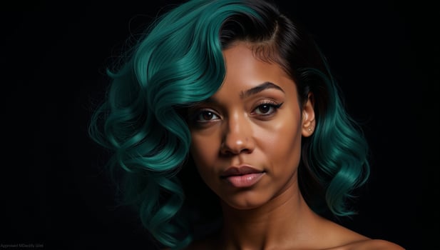 Closeup portrait of an African American woman with aquatic hairstyle on black backdrop striking makeup and lighting evoke glamour AquaBlue Hair Glamorous Portrait photo