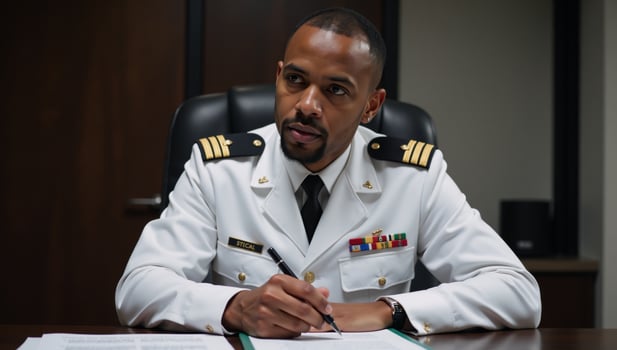 A smiling African American man in military attire is shown working at a table photo