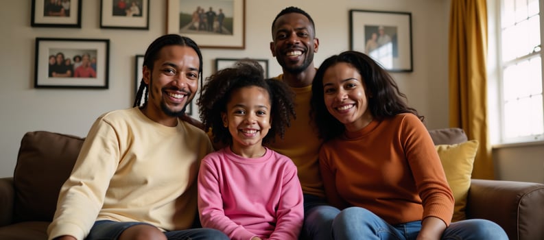 An African American family poses together for a home photo