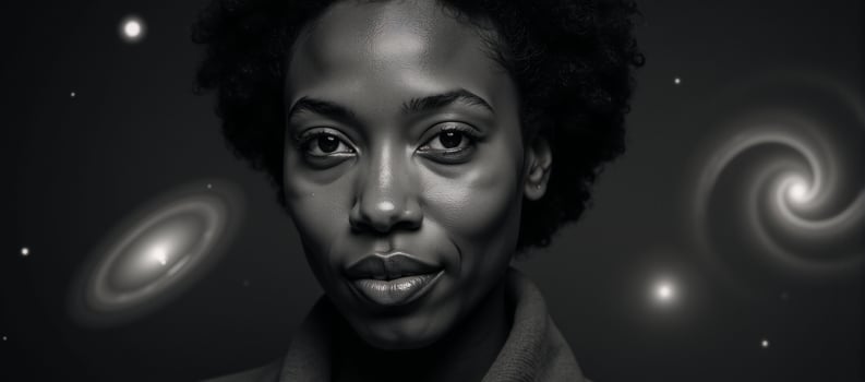 Illustrated portrait showcasing an AfricanAmerican individual amidst cosmic imagery emphasizing themes of space diversity and education photo