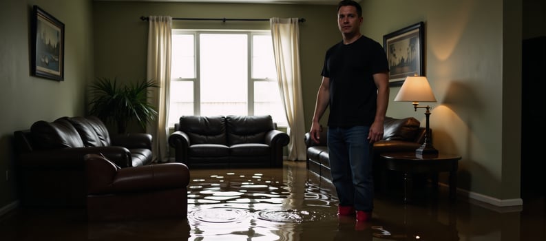 Man in waders stands amidst flooded living room with damaged furnishings dramatic lighting highlights resilience photo