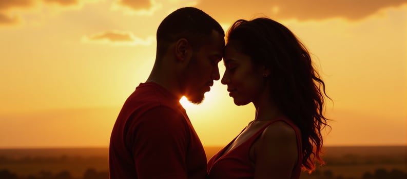 A silhouetted embrace between an AfricanAmerican man and woman bathed in the glow of setting sunlight photo