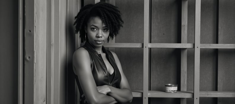 An African American woman is depicted while standing by a can rack photo