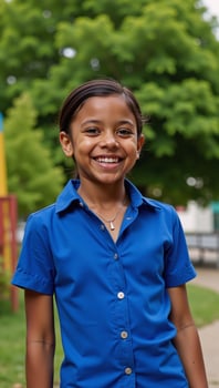 A joyful AfricanAmerican girl is depicted in a blue shirt portrait photo