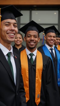 African American male grads happily don caps and gowns to celebrate their graduation photo