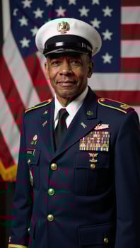 An elderly African American veteran honors Veterans Day before a majestic U photo