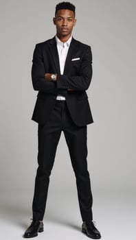 A captivating portrait features a suave Black male model dressed in a sleek black suit photo
