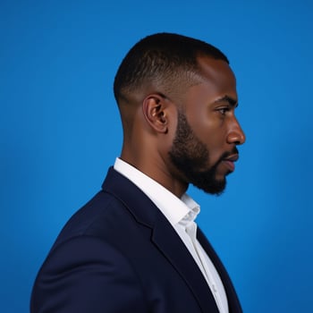 Human side view profile portrait of serious African American man against blue studio background photo