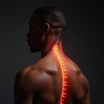 An AfricanAmerican man depicted with prominently displayed spine and radiating lines of visible pain photo
