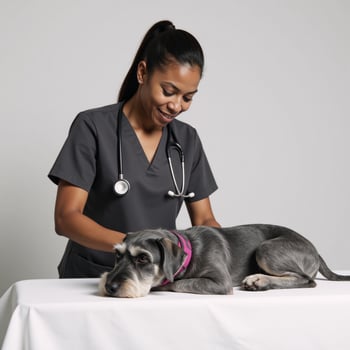 A female AfricanAmerican veterinarian performs an examination on a large salt and pepper Schnauzer photo