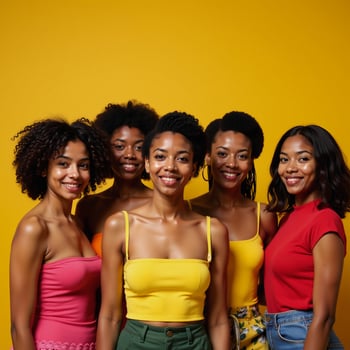 A Pop Art group portrait featuring diverse proud Black women set against a vibrant background photo