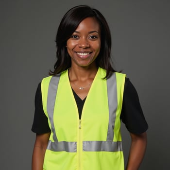 A confident African American woman dons a highvisibility yellow vest for an air of strength and professionalism photo